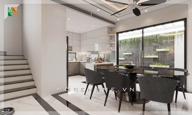Ấn tượng với bộ bàn ghế phòng ăn biệt thự, nhà phố hiện đại, bộ bàn ăn 6 ghế chân đứng thiết kế theo phong cách hiện đại màu đen đẳng cấp tăng vẻ sang trọng cho căn phòng bếp.