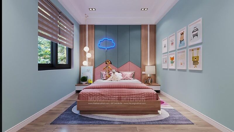 Mẫu giường ngủ bệt gỗ công nghiệp với tông màu nâu sáng hiện đại cho phòng ngủ của bé