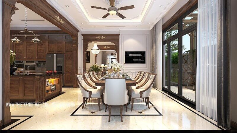 Bộ bàn ăn 10 ghế gỗ óc chó bọc da đẹp tinh tế cho nhà biệt thự Vinhomes Greenbay Hà Nội