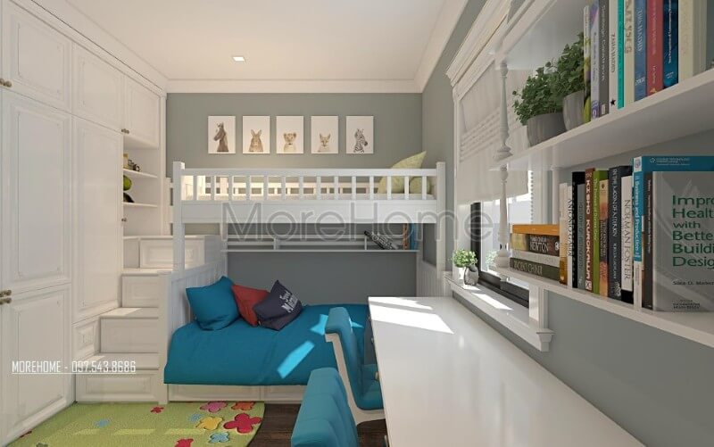Bàn học của con được thiết kế ngay cạnh cửa sổ, giá sách treo ngay trên bàn học, một không gian lý tưởng cho trí tưởng tượng bay cao, giúp bé có tư duy tốt hơn.