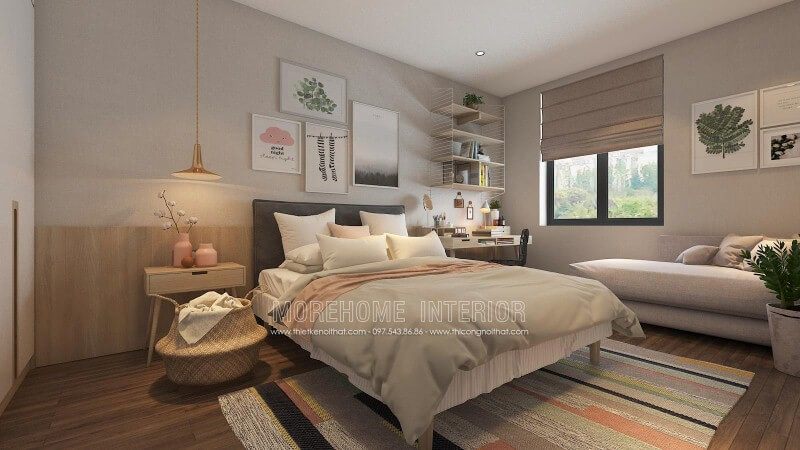 Gạch giả gỗ ốp tường cùng cách thiết kế hiện đại, độc đáo đã tạo nên phòng ngủ trẻ trung, sinh động.