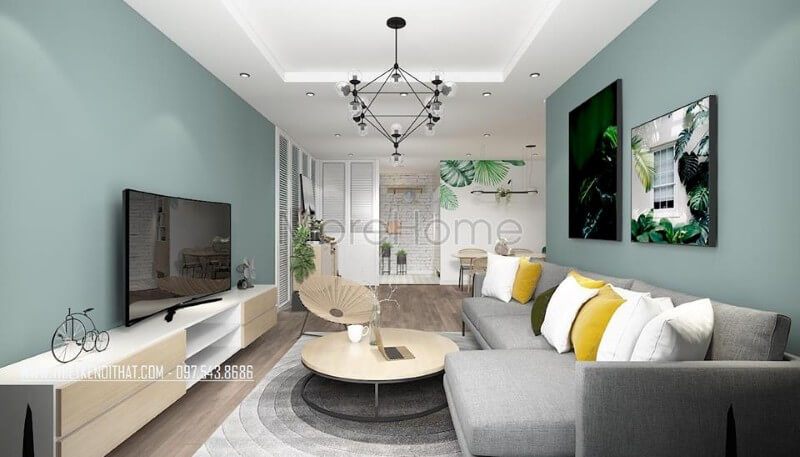 Thiết kế nội thất phòng ngủ chung cư nổi bật với gam màu xanh mát mẻ, bộ sofa ấn tượng