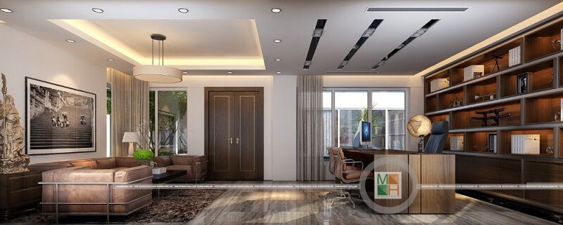 Trang trí nội thất văn phòng giám đốc sang trọng với bộ sofa bọc da hiện đại, kết hợp đồ nội thất gỗ công nghiệp An Cường cao cấp