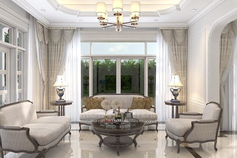 Sofa tân cổ điển gỗ tự nhiên Óc chó bọc nỉ màu ghi sáng tạo cảm giác sáng sủa, rộng rãi cho phòng khách chung cư, biệt thự, nhà phố.