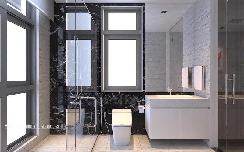 Gương ốp tường hình chữ nhật tạo nét đẹp sang trọng cho phòng tắm biệt thự, nhà phố.