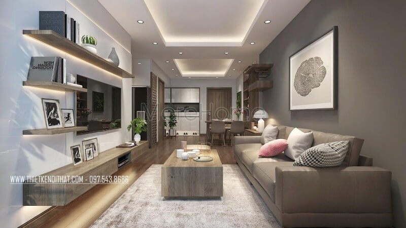 Hệ thống kệ tivi được làm từ gỗ công nghiệp với thiết kế đơn giản, kết hợp hệ kệ trang trí 3 đẹp mắt