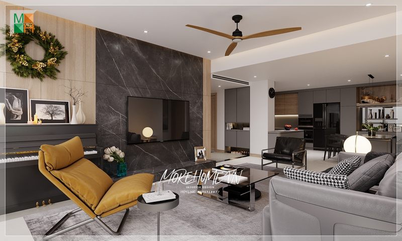 Đá ốp vách tivi với tone màu tối góp phần làm tôn lên giá trị thẩm mỹ cho không gian sống của mọi gia đình.