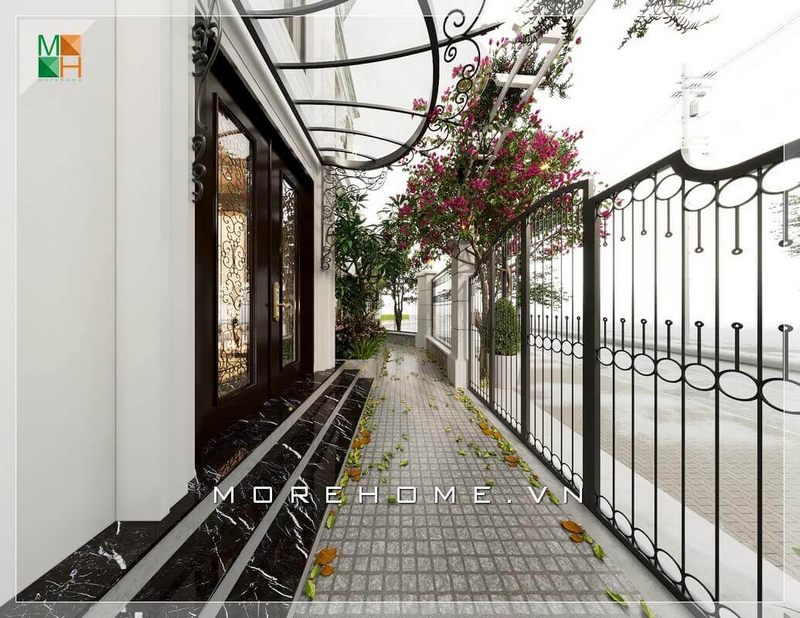 Ấn tượng với mẫu thiết kế lối đi hông nhà độc đáo, tinh tế với giàn hoa giấy khoe sắc hồng tươi tắn tô thêm vẻ đẹp quyến rũ cho biệt thự, nhà phố.