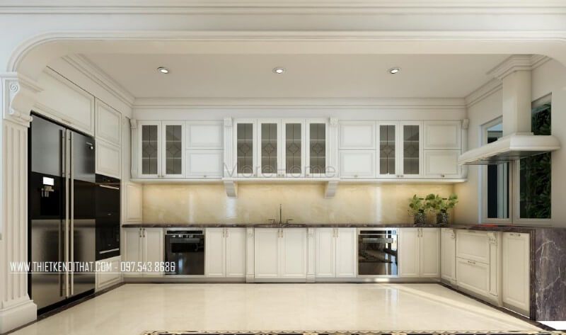 Nội thất phòng bếp được thiết kế theo xu hướng mở, các đường nét trạm khắc tinh xảo được sử dụng kết hợp mang đến sự hài hòa trong thiết kế và góp phần lớn thể hiện phong cách thiết kế hiện đại mà gia chủ muốn theo đuổi và thể hiện.