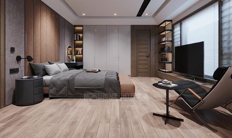 Mẫu kệ tủ quần áo kết hợp kệ trang trí gỗ công nghiệp cho phòng ngủ được thiết kế âm tường với tông màu tăng giúp tiết kiệm được diện tích cho căn phòng.