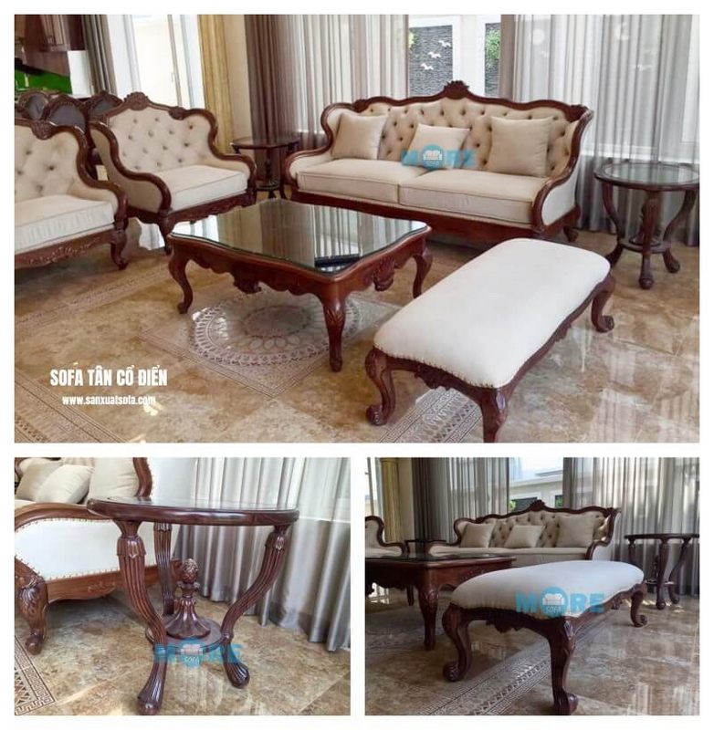 Bàn giao Sofa tân cổ điển MS-011 gỗ tự nhiên óc chó kết hợp bọc nỉ nhập khẩu cao cấp màu trắng nổi bật tại chung cư Gardenia