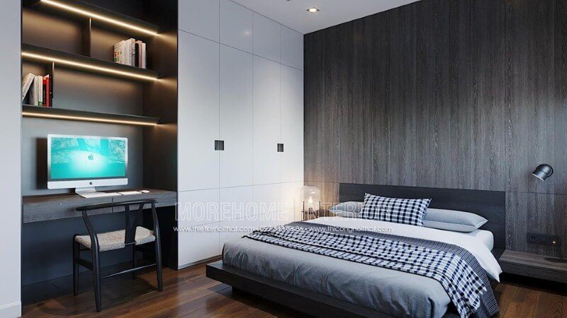 Góc học tập thiết kế liền kề phòng ngủ giúp không gian con trở nên rộng rãi, thông thoáng.