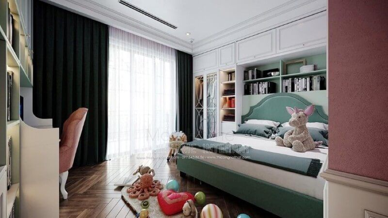 Sắp xếp nội thất phòng ngủ con gái ấn tượng với bố trí giường ngủ, kệ tủ trang trí khoa học giúp không gian thông thoáng tối đa nhưng vẫn đảm bảo công năng, tính thẩm mỹ.