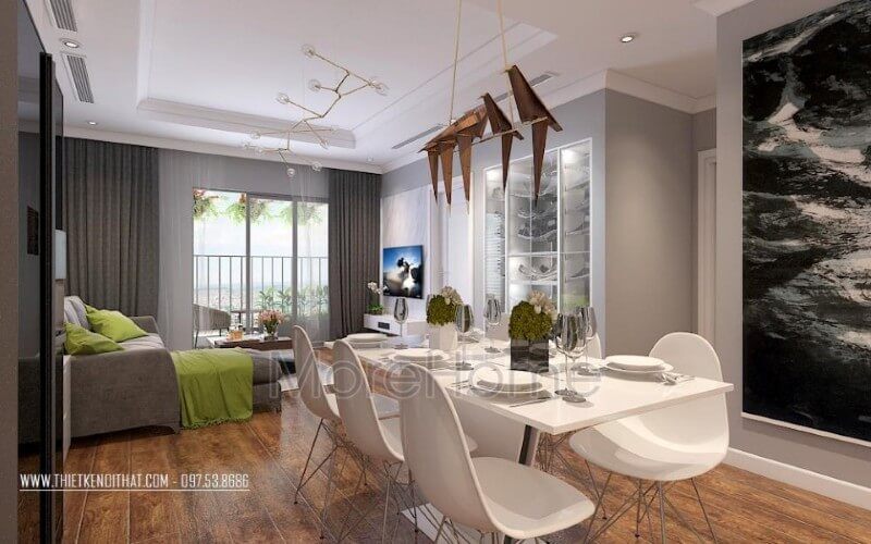 Mẫu bàn ghế ăn 6 chỗ màu trắng tinh khôi ấn tượng được coi là điểm nhấn nổi bật và lạ mắt hơn cho căn hộ chung cư