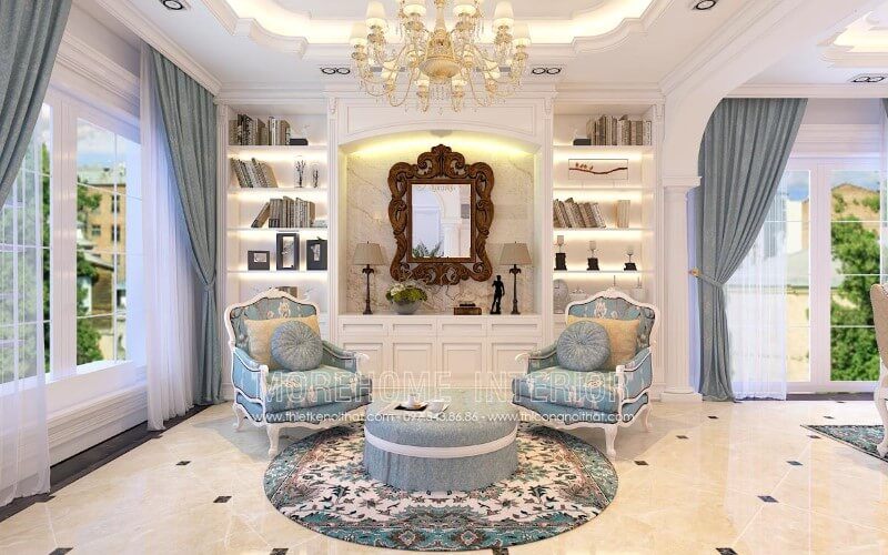 Gợi ý mẫu Sofa đơn Tân cổ điển gỗ tự nhiên sơn trắng bọc nỉ hoa văn màu xanh tạo cảm giác nhẹ nhàng, hài hòa cho phòng sinh hoạt chung