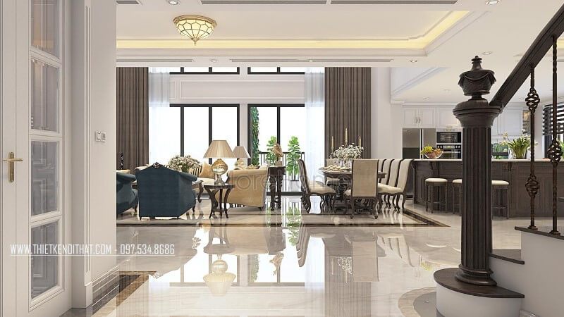 Mẫu trụ cầu thang gỗ óc chó đẹp cho căn hộ Duplex Thanh Xuân Hà Nội