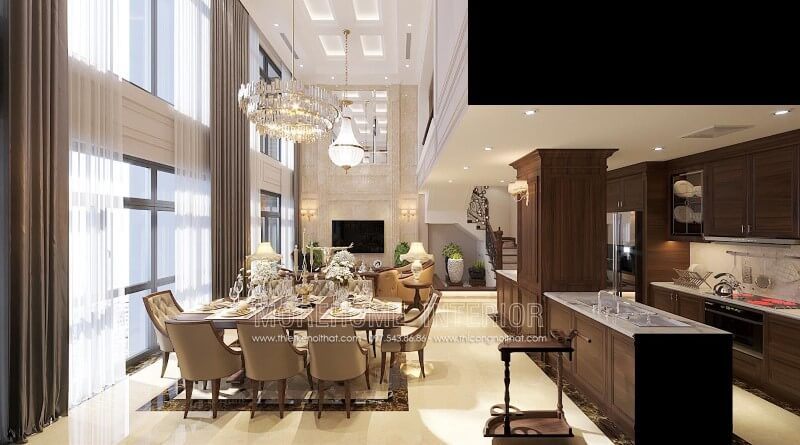 Mẫu thiết kế bàn ghế ăn gỗ óc chó tân cổ điển đẹp cao cấp tại căn hộ duplex, penthouse ở hà nội
