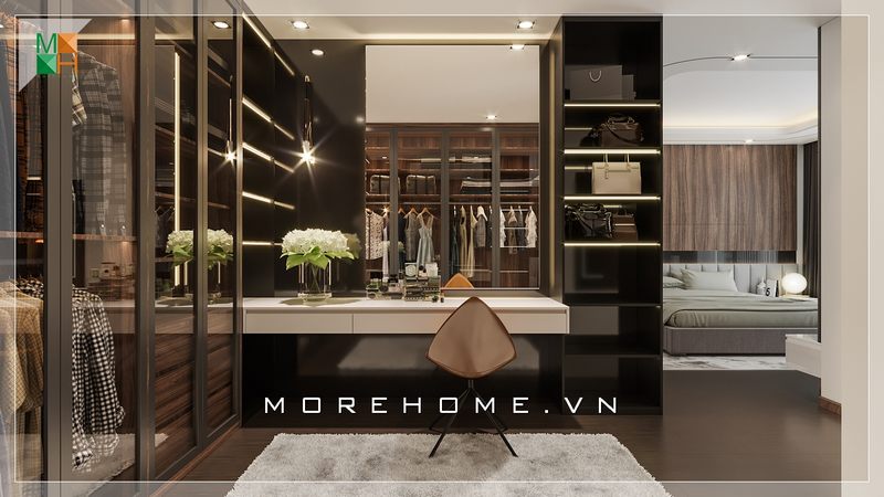 Mẫu kệ trang trí phòng thay đồ hiện đại kết hợp bàn trang điểm sang trọng