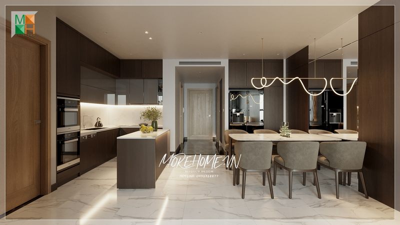 Thiết kế phòng ăn liền bếp chung cư nội thất hiện đại phục vụ tốt cho quá trình sử dụng của gia chủ và tính thẩm mỹ cho không gian cao.