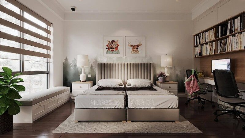 Mẫu thiết kế nội thất phòng ngủ trẻ em đẹp - KTS Morehome đã khéo léo thiết kế phân bổ nội thất phòng ngủ phù hợp với nhu cầu sử dụng của gia chủ