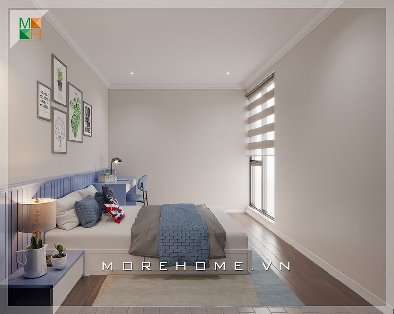 Thiết kế phòng ngủ con phong cách hiện đại, năng động với những gam màu xanh kết hợp bộ tranh canvas treo tường vô cùng ấn tượng tạo nên không gian nhẹ nhàng và thoáng đãng