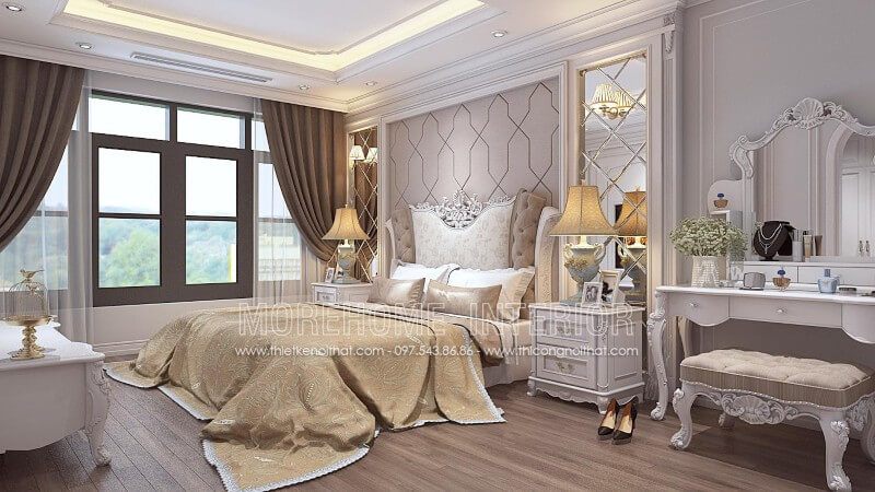Thiết kế giường ngủ biệt thự tân cổ điển ấn tượng với từng đường nét hoa văn to uốn lượn mềm mại tạo nên ấn tượng không thể nào quên của mẫu giường ngủ đẹp này