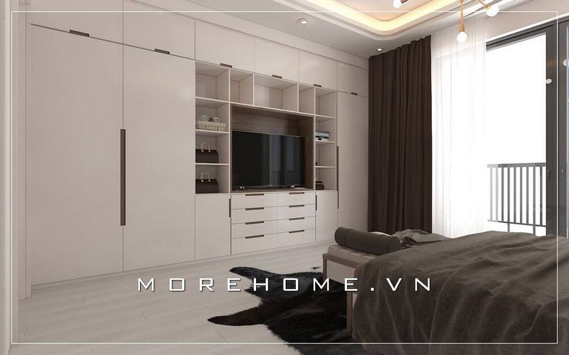Tủ quần áo 2 cánh hiện đại kết hợp kệ ti vi tiện lợi phù hợp với không gian phòng ngủ chung cư nhỏ