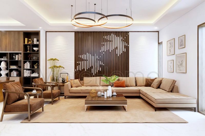 Trang trí phòng khách với mẫu gỗ ốp tường và đèn thả trần hiện đại, độc đáo