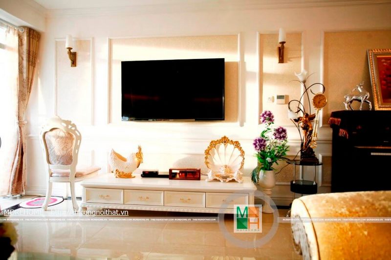 Thi công nội thất phòng khách tân cổ điển cho chung cư Thái Hà