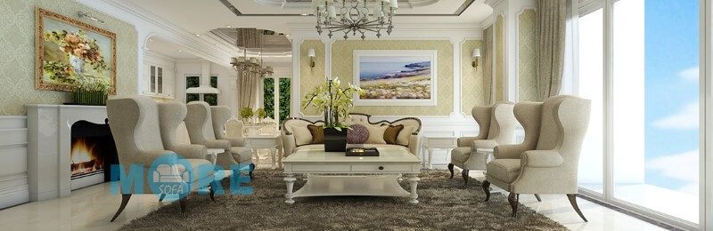 Sofa tân cổ điển MS-026 khung gỗ tự nhiên, bọc nỉ nhập khẩu cao cấp sang trọng cho phòng khách chung cư, biệt thự