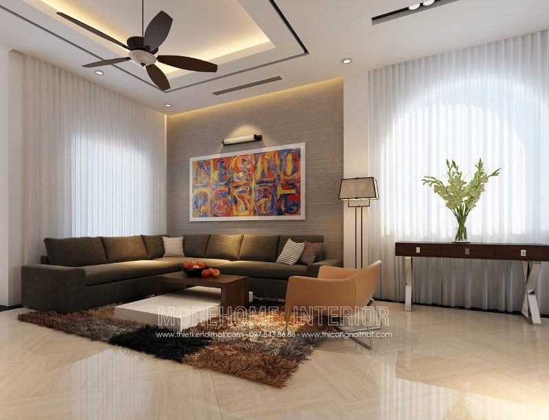 Sofa L hiện đại bọc nỉ màu ghi đậm sang trọng cho phòng khách biệt thự