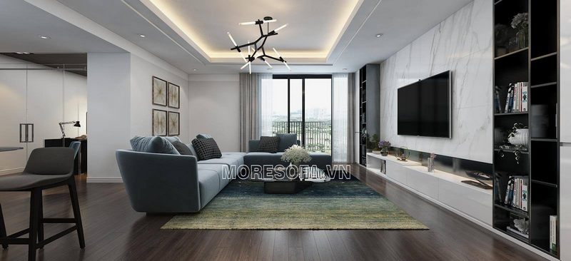 Trang trí phòng khách biệt thự đẹp với bộ sofa góc l bọc nỉ nhập khẩu