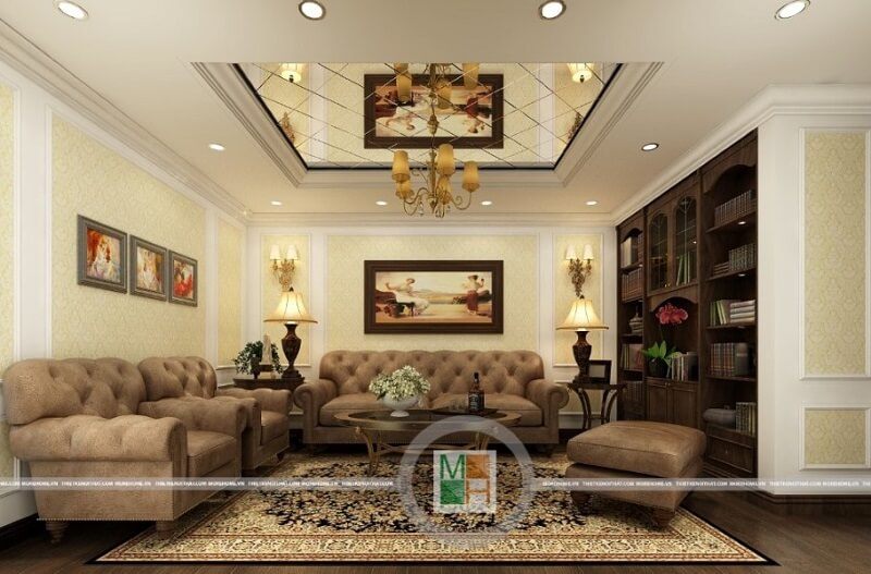 Bộ sofa bọc nỉ tân cổ điển màu nâu tây tạo điểm nhấn nổi bật cho không gian phòng khách.