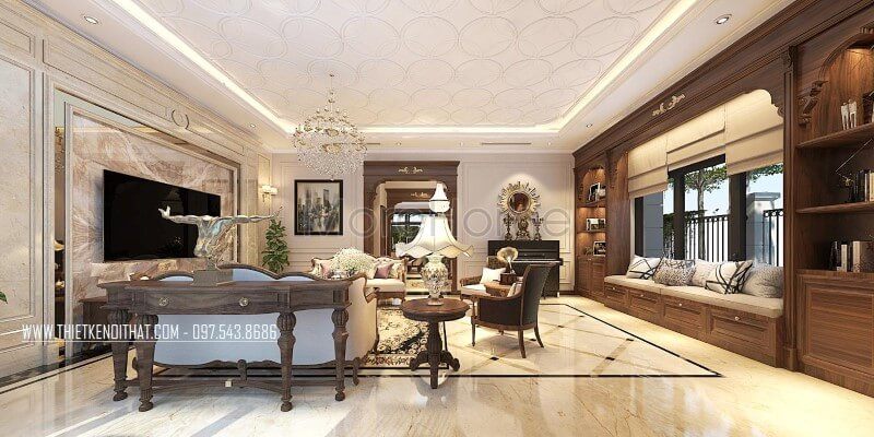 Thiết kế phòng khách biệt thự tân cổ điển đẹp, sang trọng với mẫu kệ decor gỗ óc chó tinh tế đẳng cấp