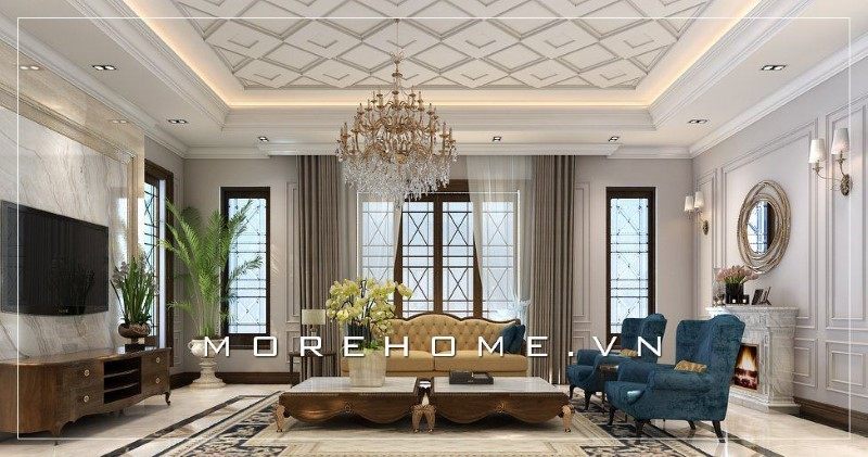 Thiết kế mẫu phòng khách biệt thự mang phong cách tân cổ điển đang là xu hướng thịnh hành và phổ biến trong năm nay.