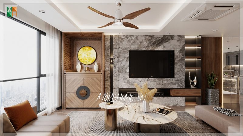 Bàn trà đôi mặt đá được đặt ở vị trí trung tâm mang đến sự sang trọng, lịch sự cho không gian tổ ấm của gia đình Việt.