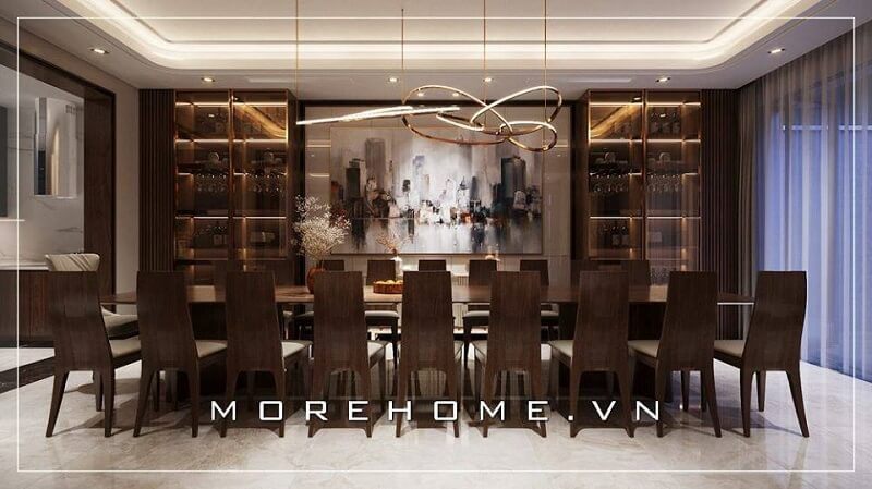 Bạn sẽ phải trầm trồ với mẫu thiết kế bàn ghế ăn  gỗ óc chó hiện đại với kích thước lớn lên đến 18  ghế ăn  mang đến một không gian phòng ăn hoàng gia, đẳng cấp