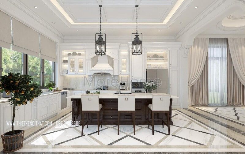 Tủ bếp chữ L với kiểu dáng tân cổ điển sang trọng, được thiết kế từ gỗ tự nhiên cao cấp và đầy đủ các tiện nghi.
